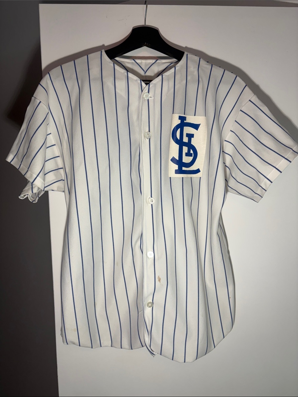 Vintage MADE IN USA White Pinstripe Baseball Jersey with Blue STL Logo #17